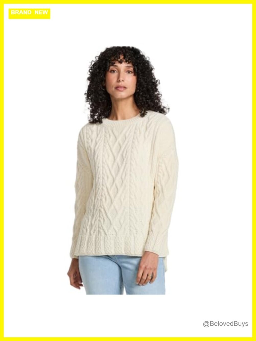 100% Supersoft Merino Wool Cable Knit Crew Neck Sweater Pullover Irish